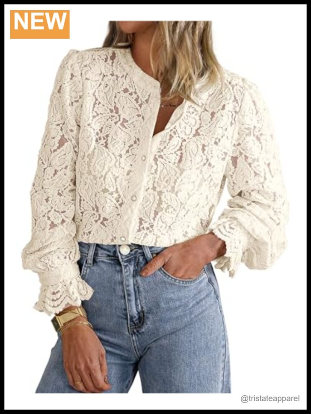 Women's Lace Trim Long Sleeve Button Up Blouse
